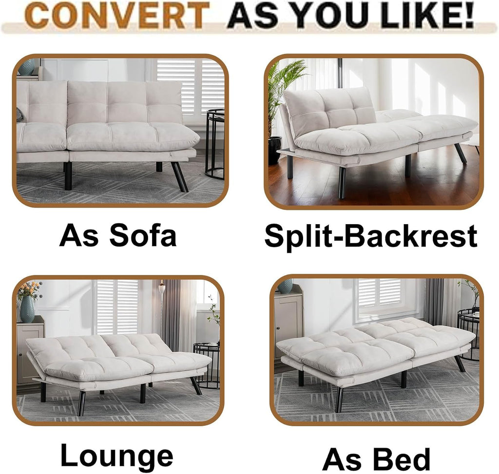 Anwick Velvet Convertible Futon Sofa Bed,71' Modern Comfy Loveseat Sleeper Sofa with Adjustable Backrest Armrest,Folding Futon Sleeper Recliner for Living Room,Office,Apartment (Cream)
