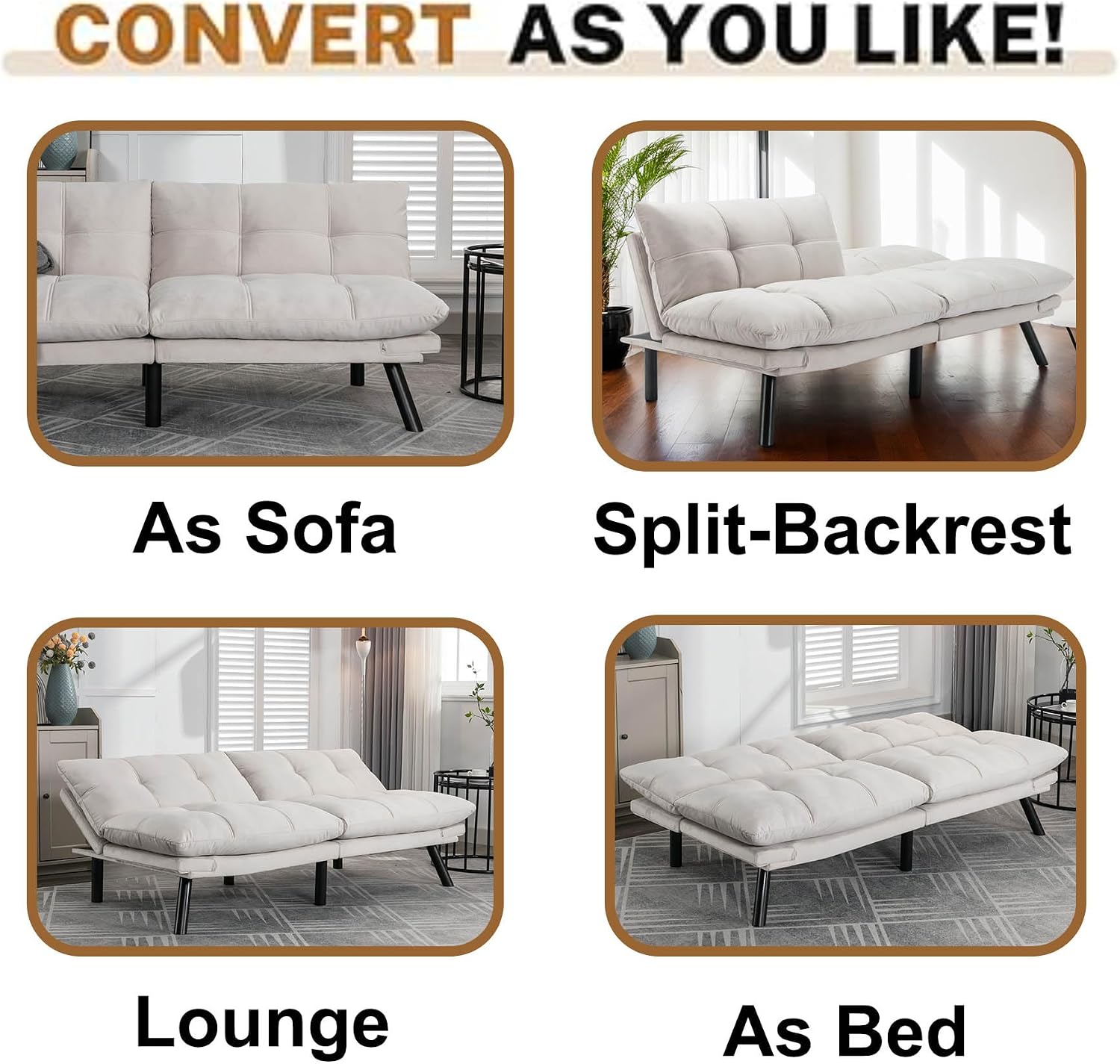 Anwick Velvet Convertible Futon Sofa Bed,71' Modern Comfy Loveseat Sleeper Sofa with Adjustable Backrest Armrest,Folding Futon Sleeper Recliner for Living Room,Office,Apartment (Cream)