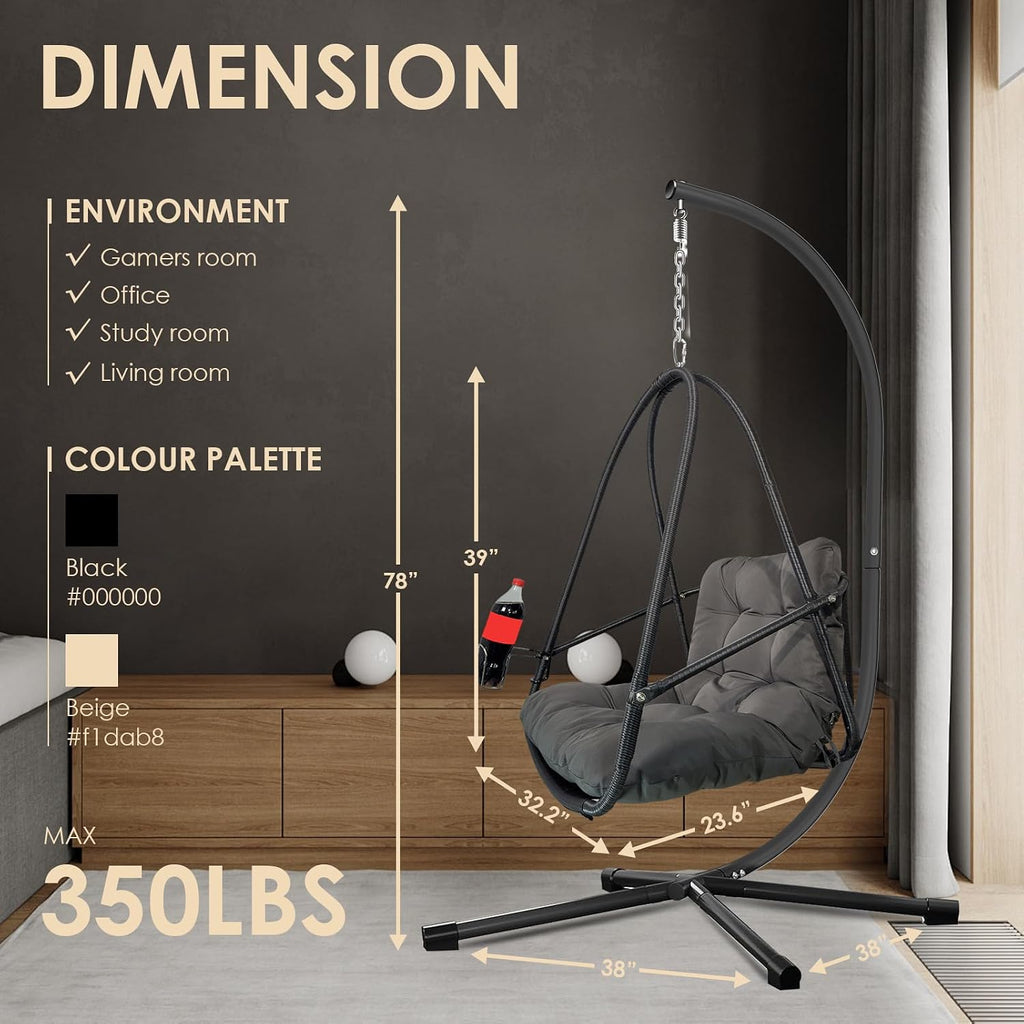 JESE Swing Egg Chair with Stand Foldable Frame Hanging Chairs for Indoor Outside,with UV Resistant Waterproof Cushion and Cup Holder,Swing Hammock Chairs for Patio,Bedroom,Balcony, Garden-350lbs BLACK
