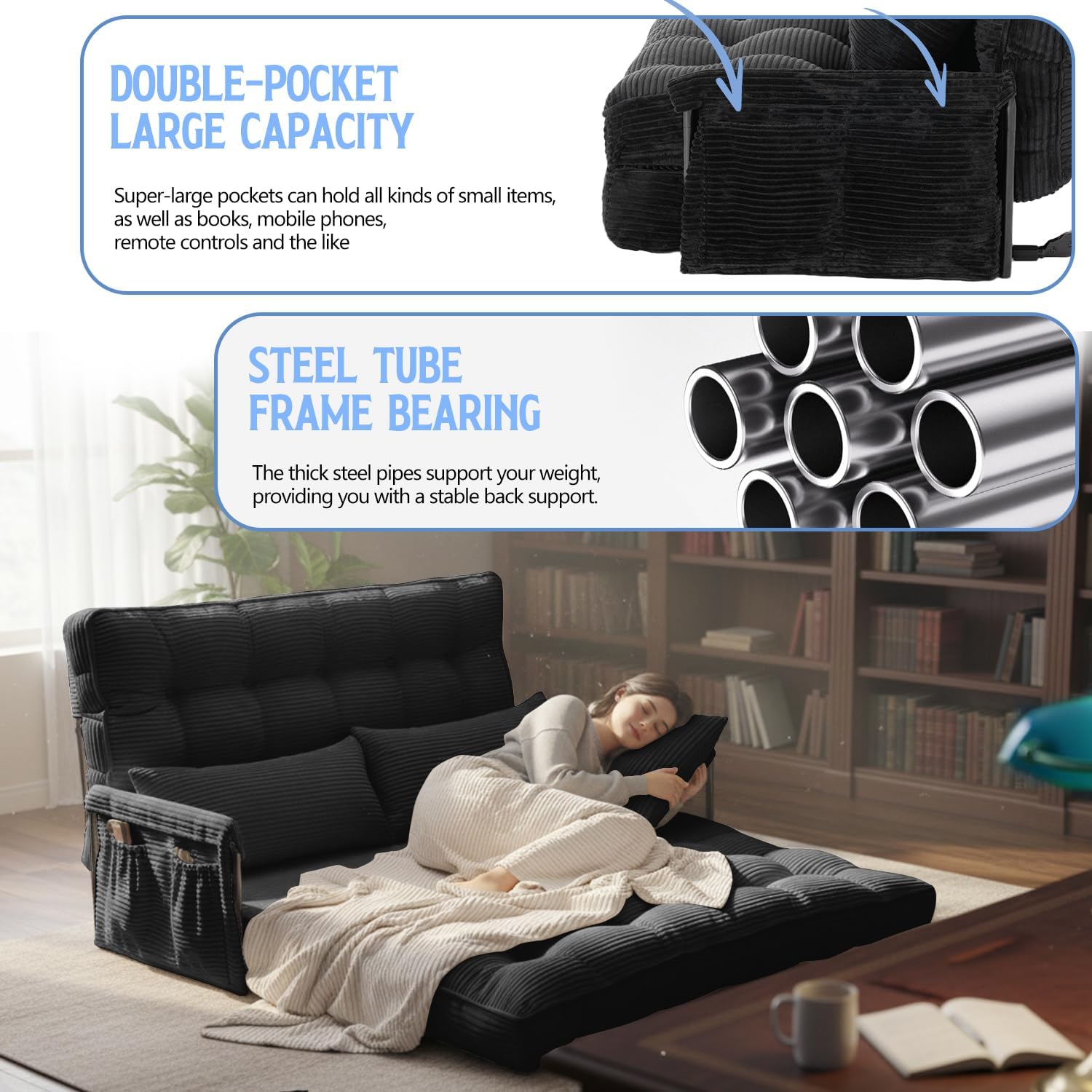 Convertible Futon Sofa Bed with Adjustable Backrest Pillows,Folding Loveseat Sleeper Sofa,Corduroy Pull Out Couches with Side Pocket for Living Room Bedroom Lounge（Charcoal）