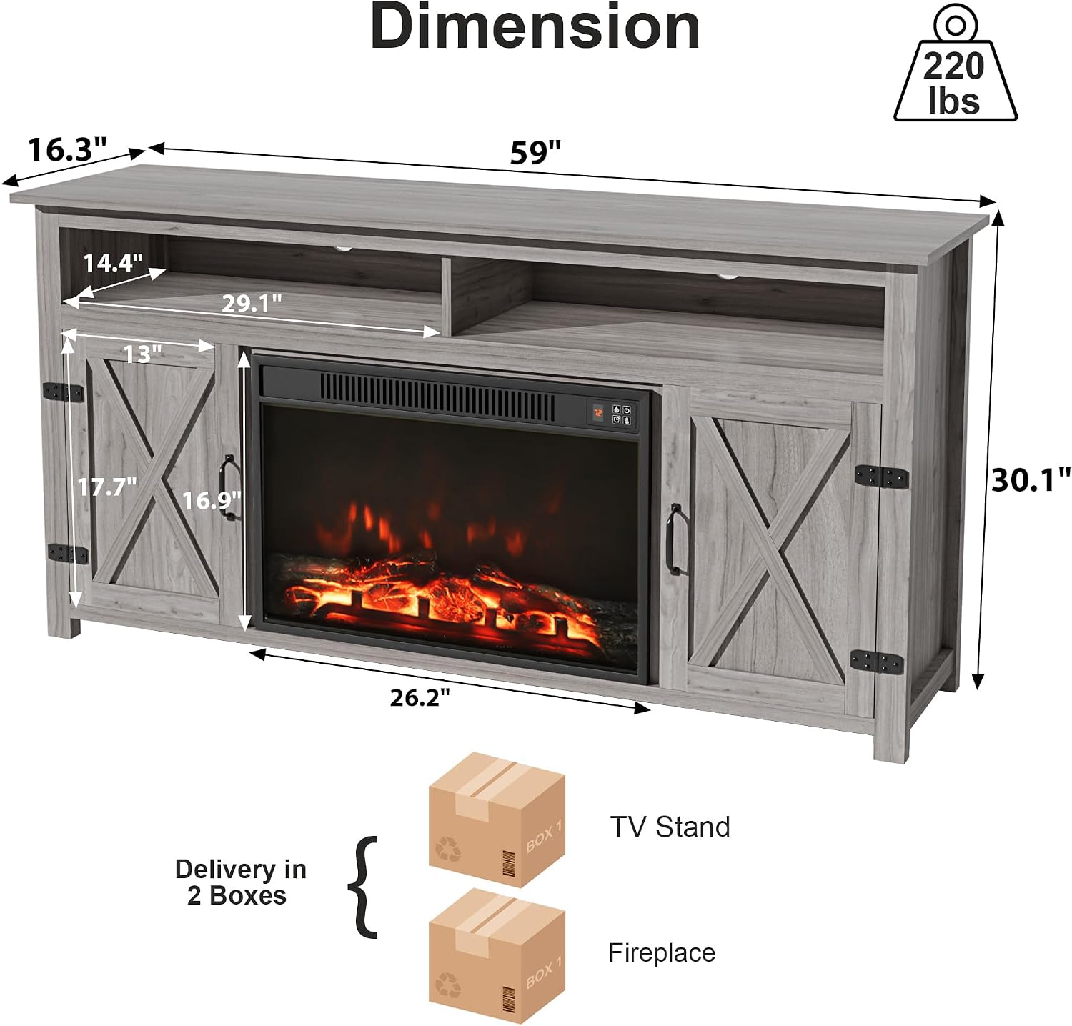 Furmax Farmhouse Fireplace TV Stand for TVs Up to 65 Inch Highboy Entertainment Center with Open Storage and Side Cabinets Rustic Media Console Table with Barn Doors for Living Room (Grey Wash)