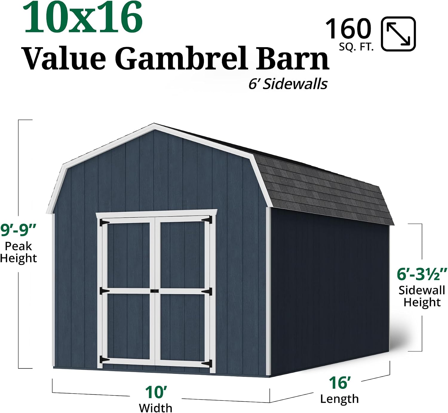 Little Cottage Co. 10x16 Value Gambrel Barn with 6 ft. Sidewalls with Floor, Outdoor Wood Storage Shed Do-It-Yourself Precut Kit