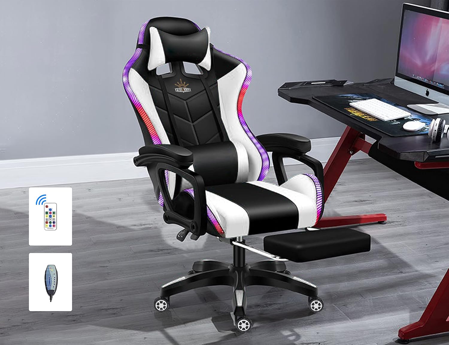 RGB Gaming Chair with Massage and Footrest, Ergonomic Pro Computer Chair with LED Lights and Speakers, High Back Music Video Chair with Lumbar Support and Headrest, for Adult Teens. (Black + White)