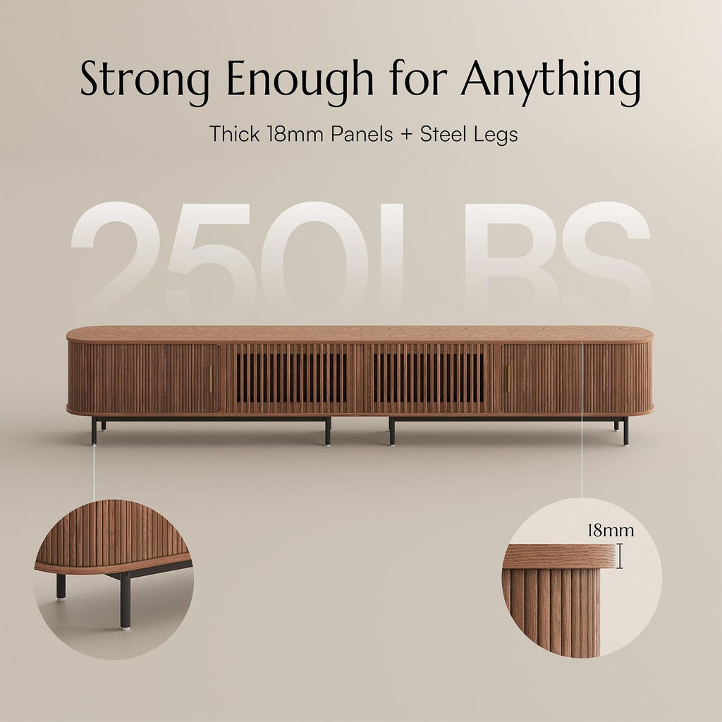 POVISON Fully-Assembled Sliding Tambour Door TV Stand, Mid Century Modern TV Console, Wood Media Console, Entertainment Center with Storage Cabinet (Walnut, 118.11')