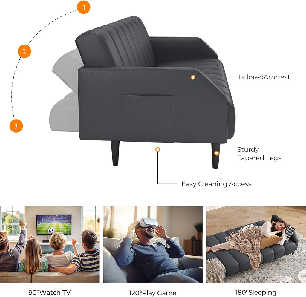 Fadware Faux Leather Couch, Convertible Futon Sofa Bed with Adjustable Backrest, Mid Century Leather Sofa Loveseat with Side Pockets& Metal Leg, Modern Leather Sleeper Sofa for Living Room Bedroom