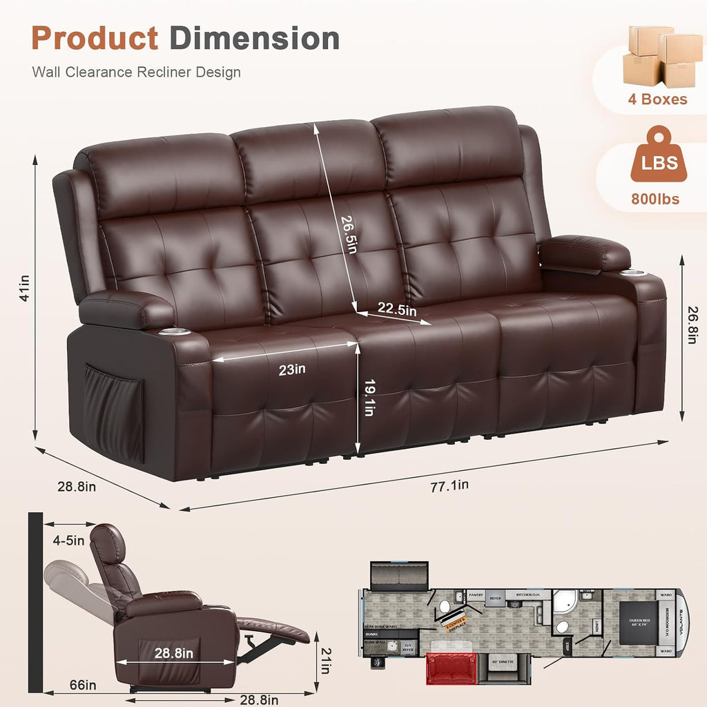 RV Loveseat Recliner Sofa, 3 Seater Massage Wall Hugger Reclining Couch with Insert Pockets, Cup Holders, 150° Recline Sleeper Sofas, for RV Furniture & Home Theater Seating