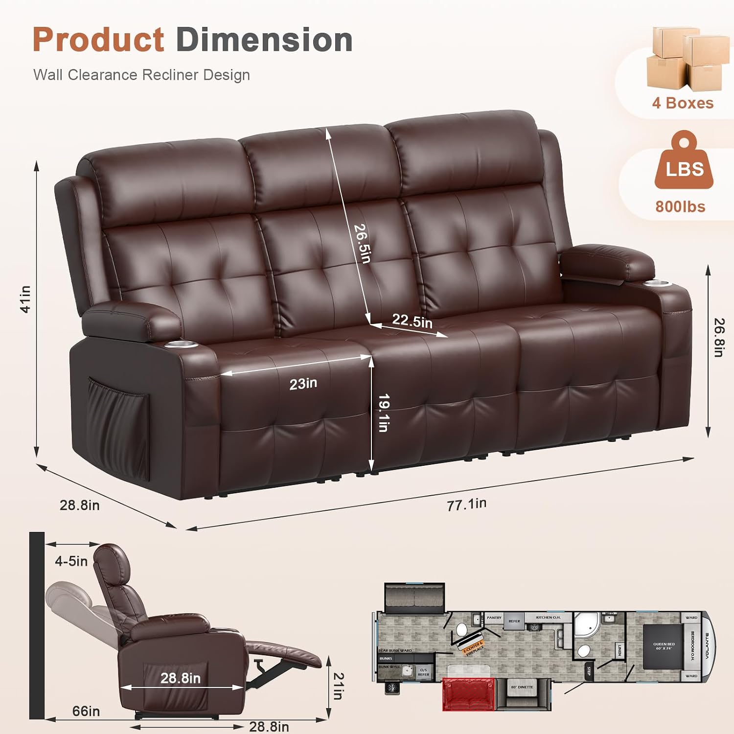 RV Loveseat Recliner Sofa, 3 Seater Massage Wall Hugger Reclining Couch with Insert Pockets, Cup Holders, 150° Recline Sleeper Sofas, for RV Furniture & Home Theater Seating