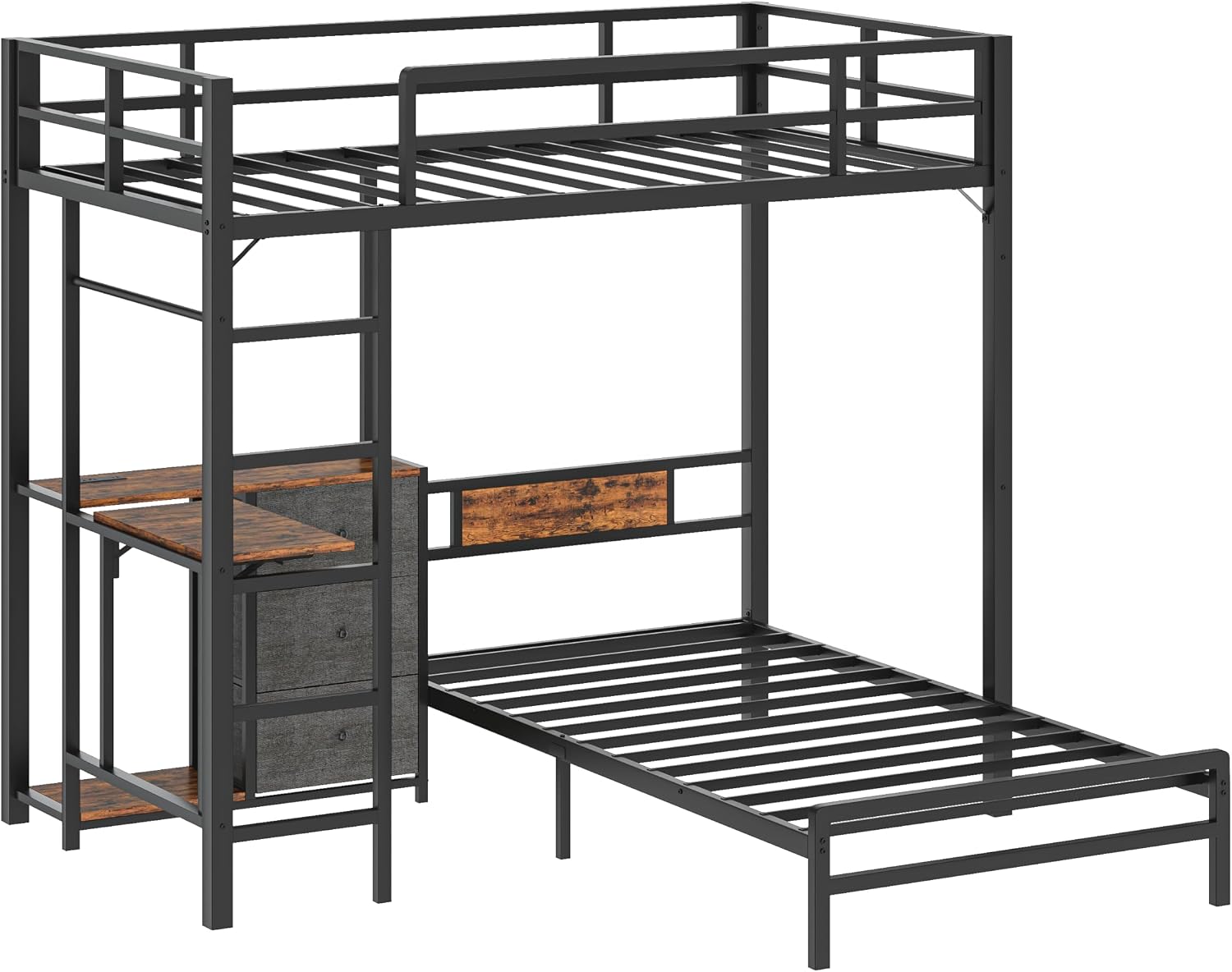Bellemave Twin Over Twin bunk Bed with Desk and LED Charging Station, loft Bed with Desk and Shelves 3 Storage Drawers, Twin Metal Bunk Beds with Storage, Black
