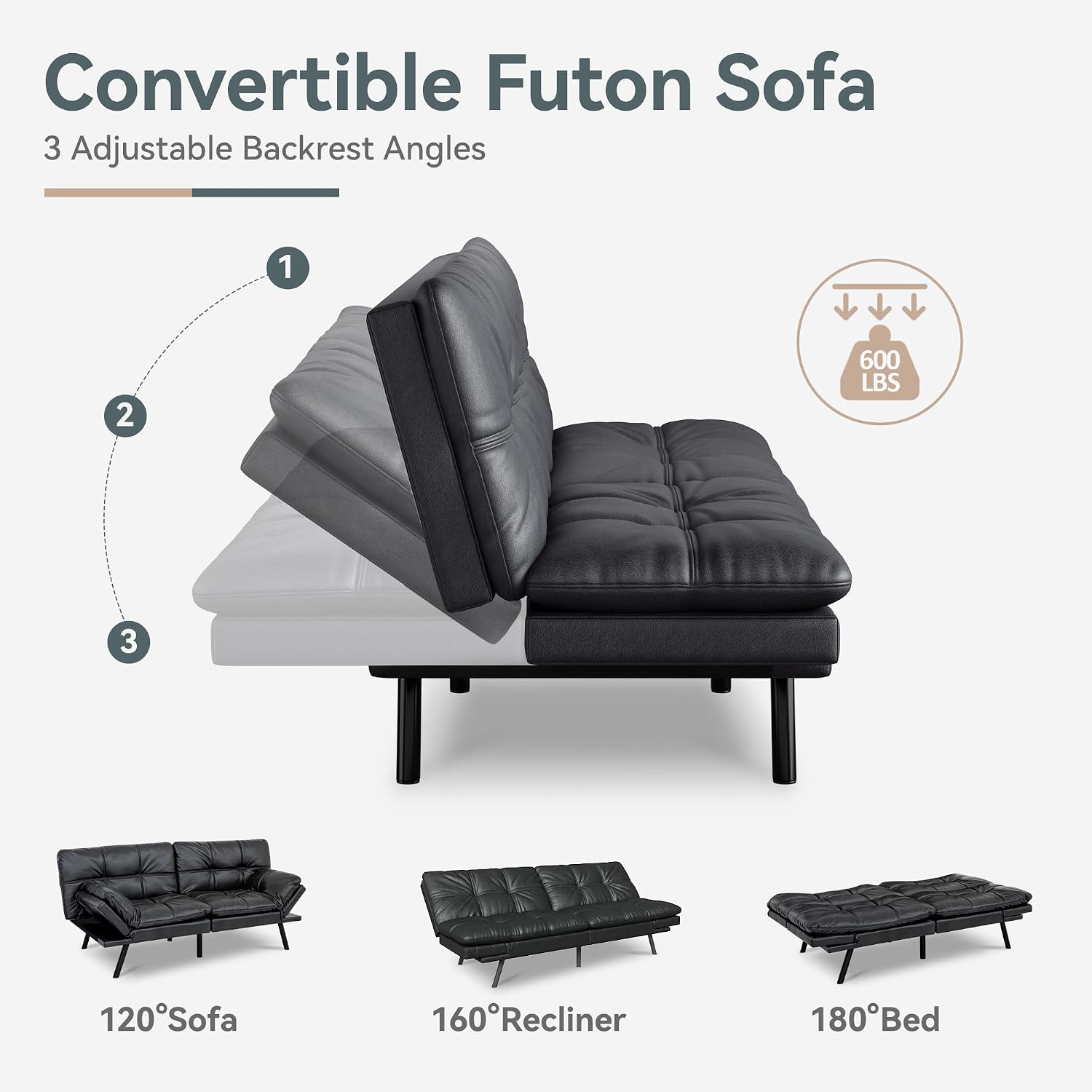 Vyfipt Convertible Futon Sofa Bed, Black Faux Leather Futon Couch with Adjustable Backrest & Armrests, Folding Small Recliner Sleeper Sofa Bed for Living Room, Apartment, Office
