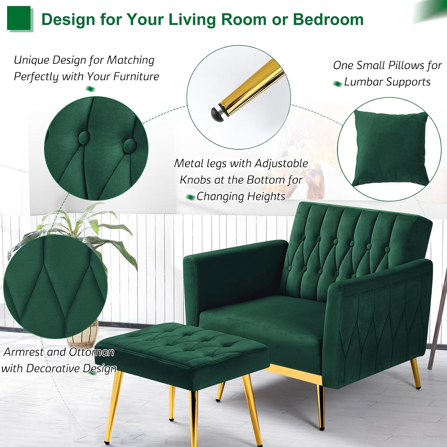 2 Pieces Velvet Sofa Set with Adjustable Armrest and Backrest, 70' Convertible Futon Sofa Bed & Mordern Accent Chair with Ottoman for Living Room, Bedroom, Green