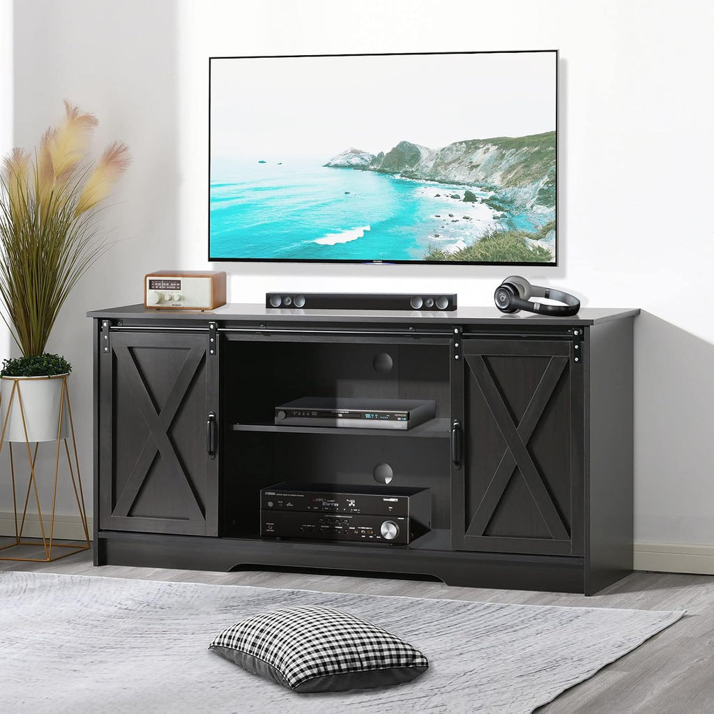 4 EVER WINNER 59' Farmhouse TV Stand, TV Entertainment Center with Sliding Barn Door & Adjustable Shelf for 65' TV, TV Stand for Living Room, Bedroom, Dark Brown