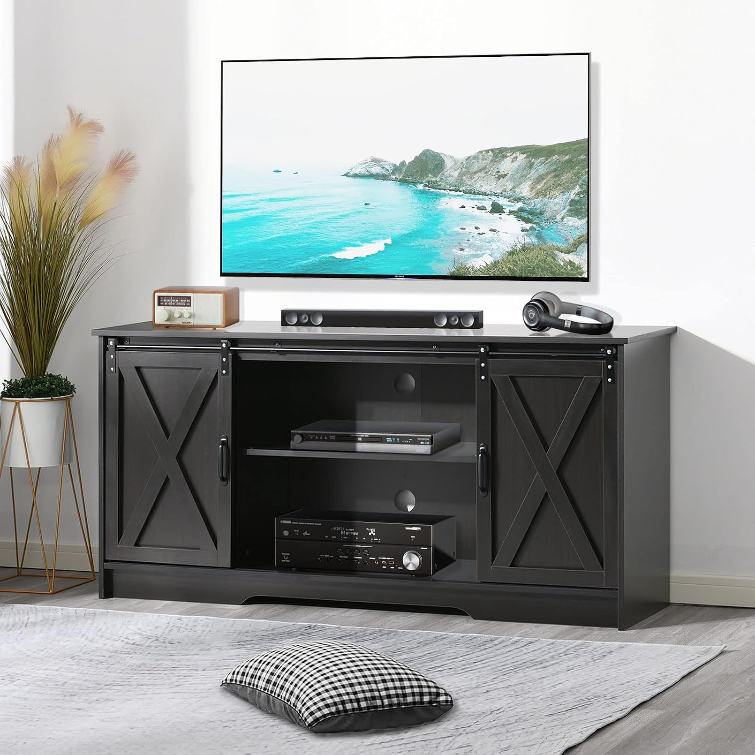 4 EVER WINNER 59' Farmhouse TV Stand, TV Entertainment Center with Sliding Barn Door & Adjustable Shelf for 65' TV, TV Stand for Living Room, Bedroom, Dark Brown