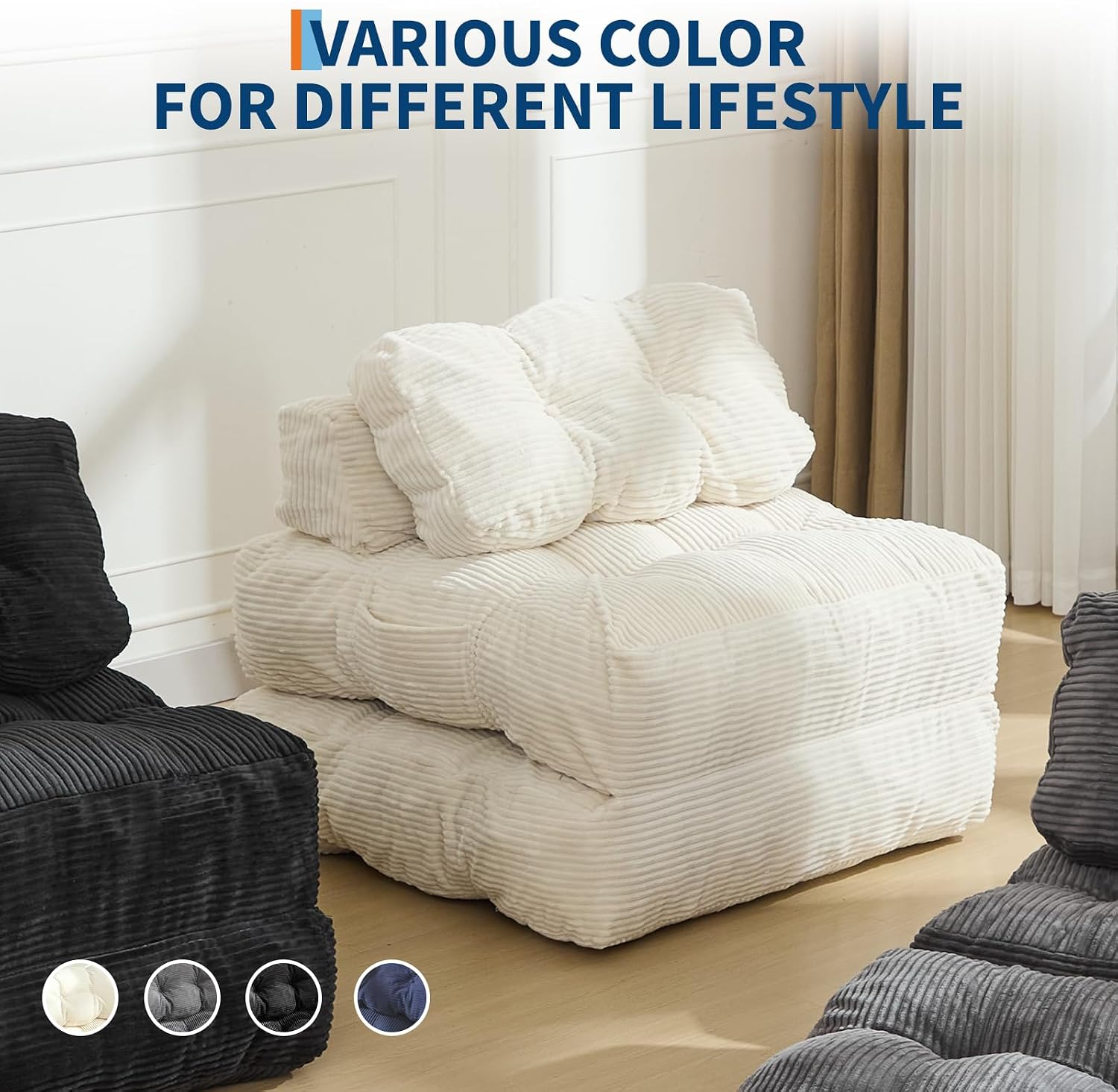 Folding Sofa Bed, 3-in-1 Convertible Sleeper Chair with Pillow, Single Futon Couch Bed with Back Support, Portable Fold Out Chair Bed Comfy Floor Sofa Lounge for Living Room Bedroom, Beige