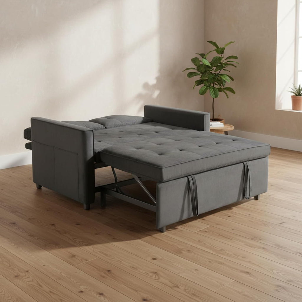 Sofa Bed, Pull Out Couch with Side Pockets, 3 in 1 Velvet Fabric Loveseat Sleeper Sofa Bed, Pull Out Couch with Adjustable Backrest for Living Room, Bedroom, Apartment, Gray, 53 Inch