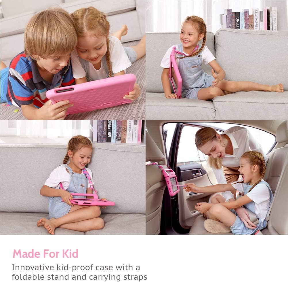 Kids Tablet 10 inch IPS HD Display Android Tablets with 32GB Storage, 2GB RAM, Quad Core Processor, KIDOZ Pre-Installed, Kid-Proof Case, Shoulder Strap and Stylus, WiFi Only – Pink
