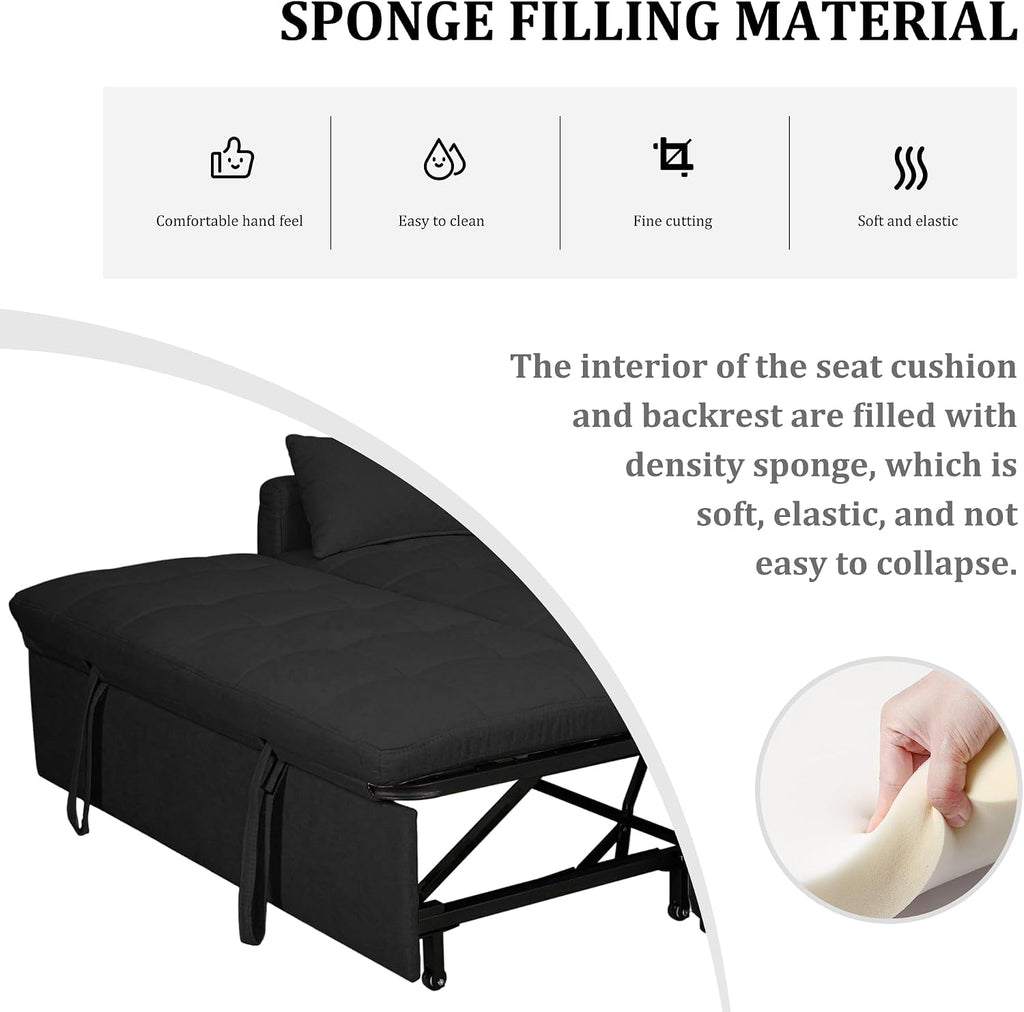 Oversized 3-in-1 Convertible Sleeper Sofa Bed, Futon Couch with Pullout Bed, 2-Seater Loveseat Sofa w/Pockets, Adjustable Backrest and Pillows for Living Room Apartment (Black-Button Tufted)
