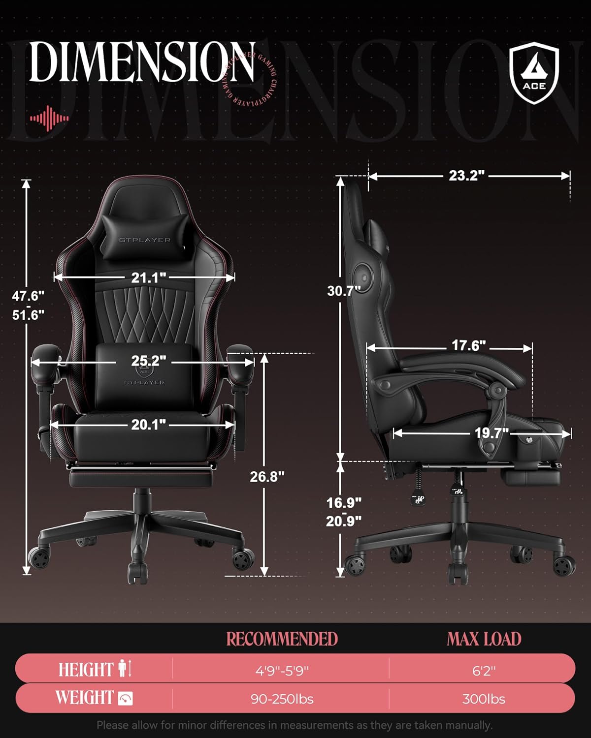 GTPLAYER ACE-PRO Music Gaming Chairs – Built-in Speakers, App Support & Bluetooth Control, Computer Game Chairs with Footrest for Adults, Ergonomic, Reclining, Linkage Armrest, BK‑RD Stitch