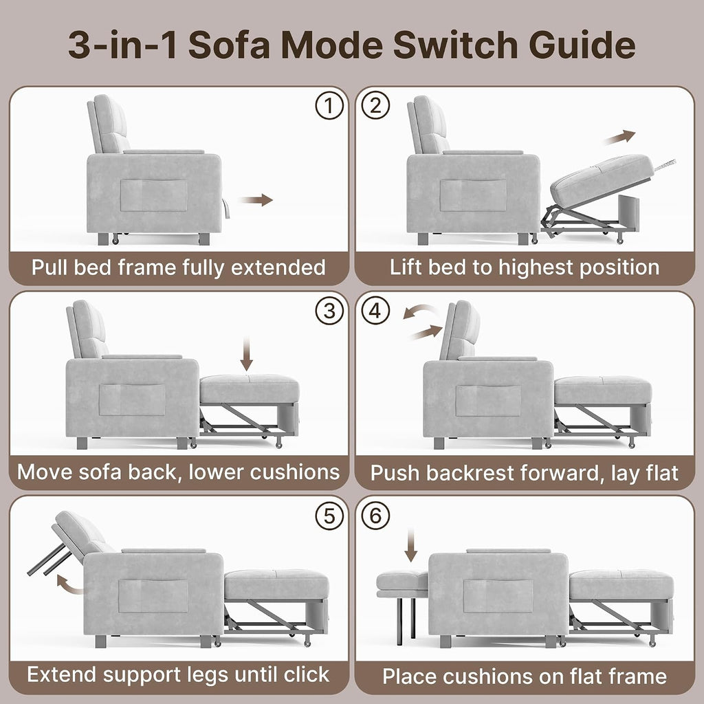 Gizoon Convertible Sofa Bed, 3-in-1 Pull Out Couch, 5-Position Adjustable Backrest & Side Pockets, Modern Small Loveseat Sleeper Sofa for Living Room, Apartment, Dorm, Studio, Guest Room, Light Grey