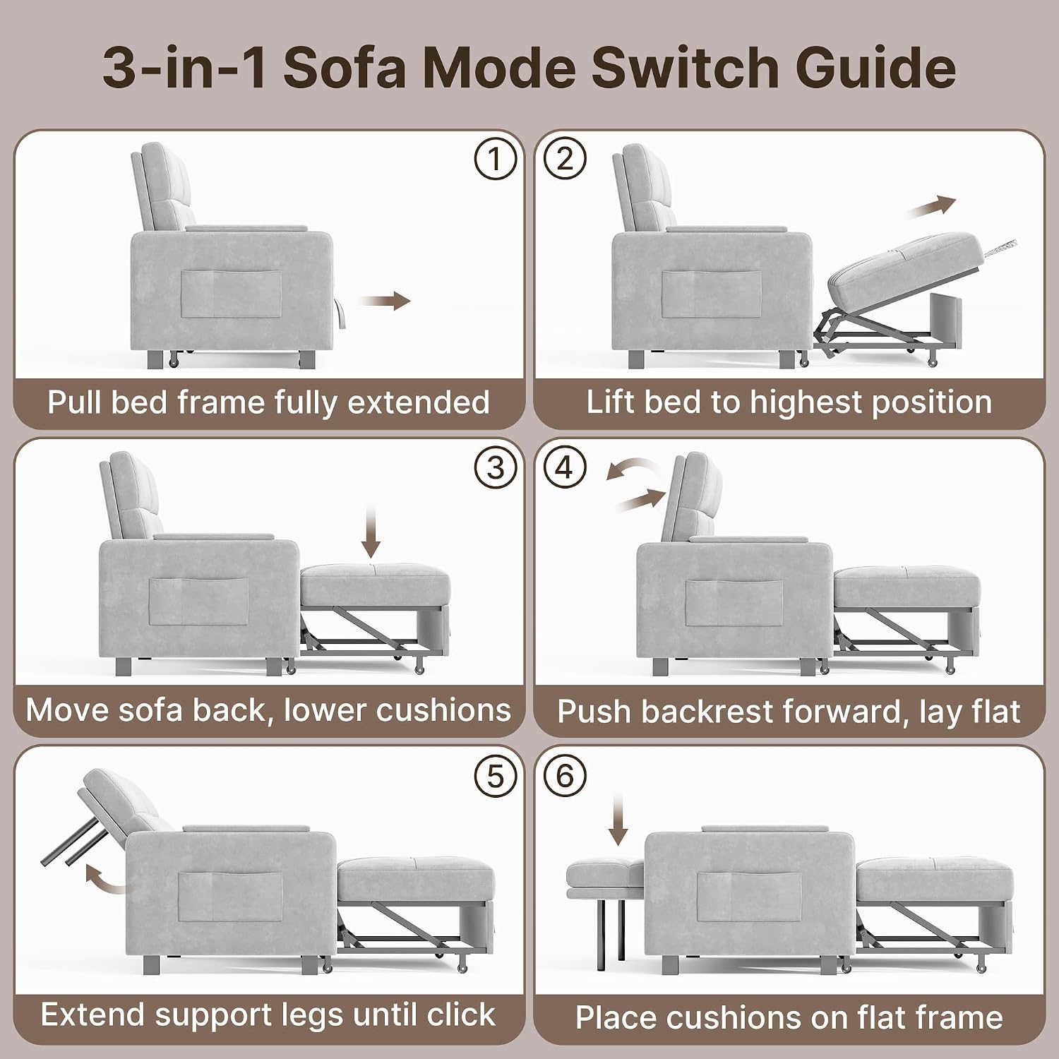 Gizoon Convertible Sofa Bed, 3-in-1 Pull Out Couch, 5-Position Adjustable Backrest & Side Pockets, Modern Small Loveseat Sleeper Sofa for Living Room, Apartment, Dorm, Studio, Guest Room, Light Grey