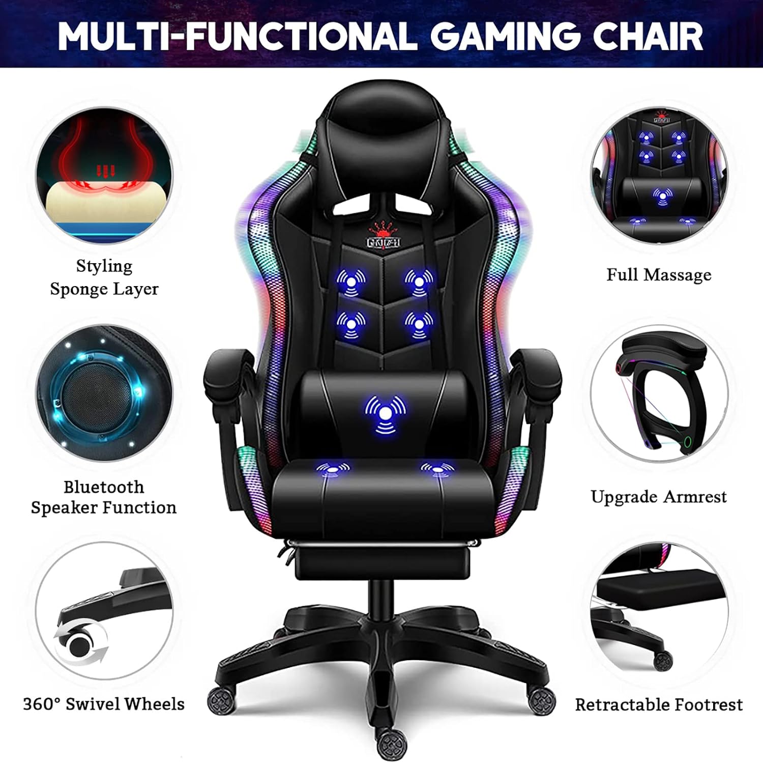 Computer Gaming Chair with LED Lights and Speakers PU Leather Office Chair with Lumbar Pillow Support and Footrest, Massage Gamer Chair High Back Video Game Chair for Adult Teens,Pink