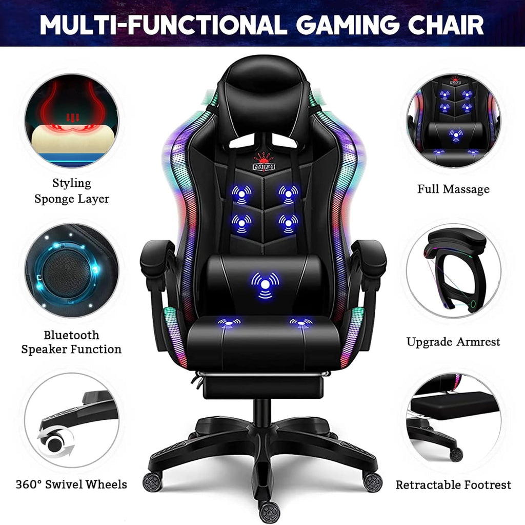 Computer Gaming Chair with LED Lights and Speakers PU Leather Office Chair with Lumbar Pillow Support and Footrest, Massage Gamer Chair High Back Video Game Chair for Adult Teens,Red