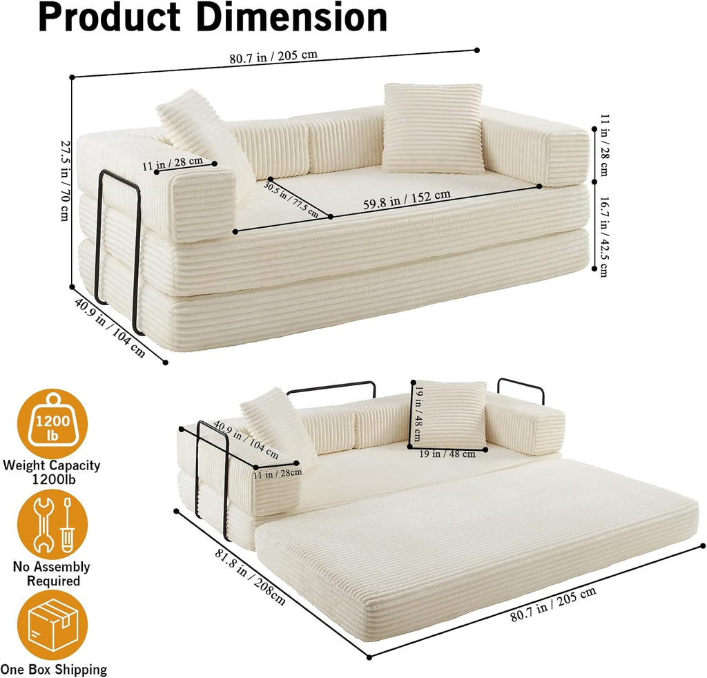 81'' Futon Sofa Bed, Folding Floor Couch Bed, Corduroy Fabric Boneless Couch, Compressed Boneless Sofa in a Box, Comfy Sleeper for Living Room-Beige