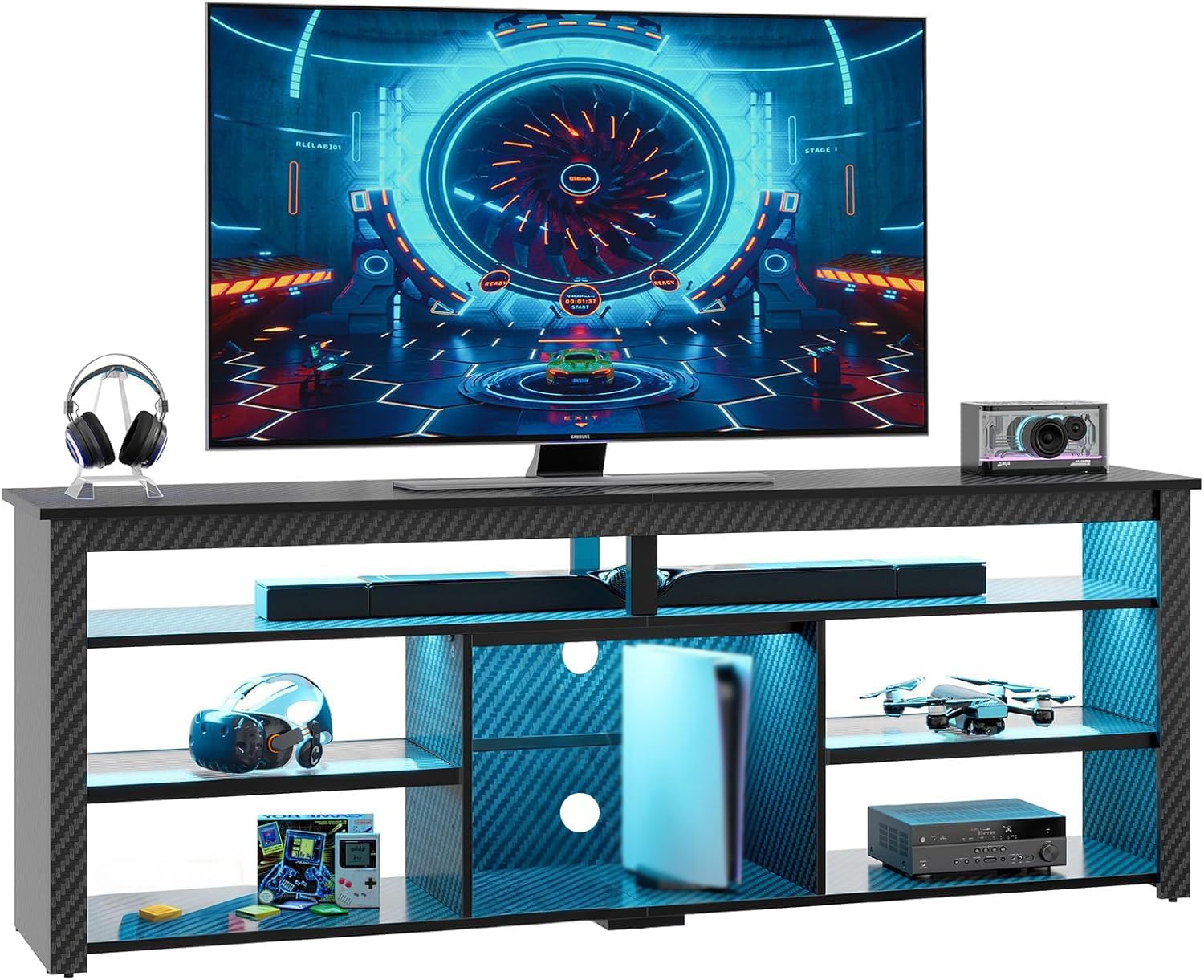 Bestier Tall TV Stand for 75 inch TV, LED Entertainment Center, Gaming TV Console with Storage for PS5, Modern TV Cabinet for Bedroom, Living Room, Black Carbon Fiber