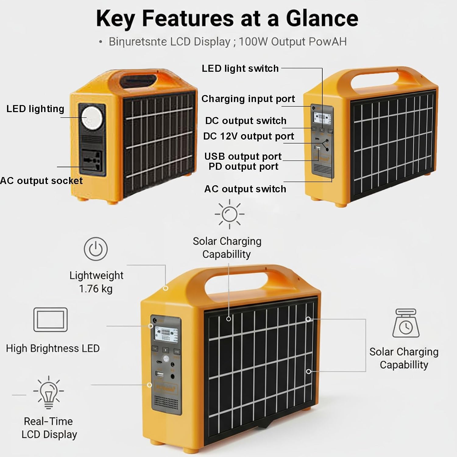 100W Solar Power Station Foldable Solar Panel, Portable Generator LED Lighting AC Outlet LCD Display Safety Protections Home Outdoor Use