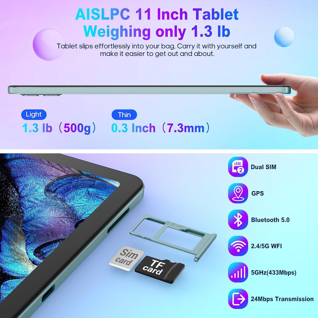 AISLPC 11 Inch Tablet Android 13 Tablets 16GB RAM+256GB ROM+1TB Expand Octa-Core Tablets PC with Dual SIM Card Slot, 2K 2000 x 1200 Display, 8+13MP Dual Camera, Bluetooth5.0, GPS, 5G/2.4G WiFi