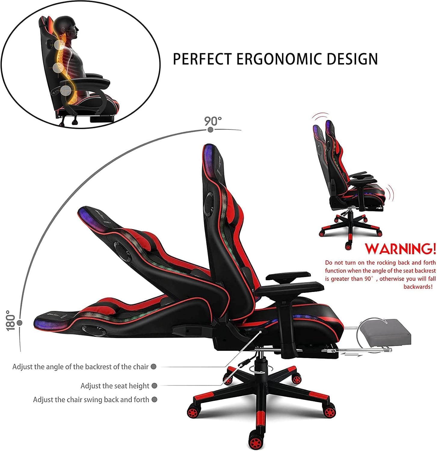 Gaming Chair with LED Lights and Speakers, 4D Armrest Gaming Chair, Ergonomic Full Massage PU Leather Lumbar Support Gaming Chair,Adults Teens Computer Chair.,Red