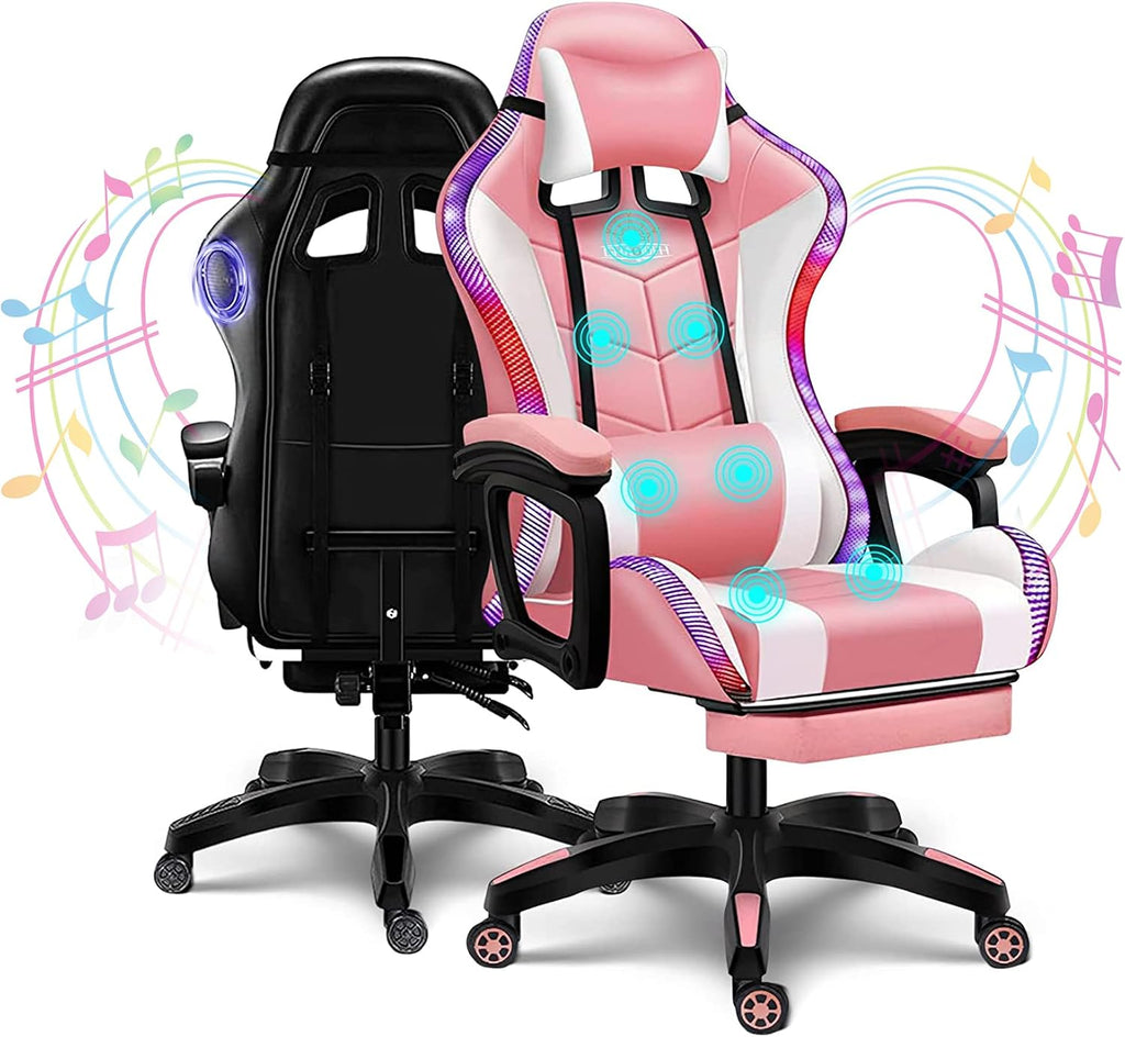 LED Gaming Chair Ergonomic Massage Racing Computer Chairs High Back Video Game Chairs with Speakers PU Leather with Footrest Headrest Lumbar Support Office Desk Chair for Adults Teens,Pink