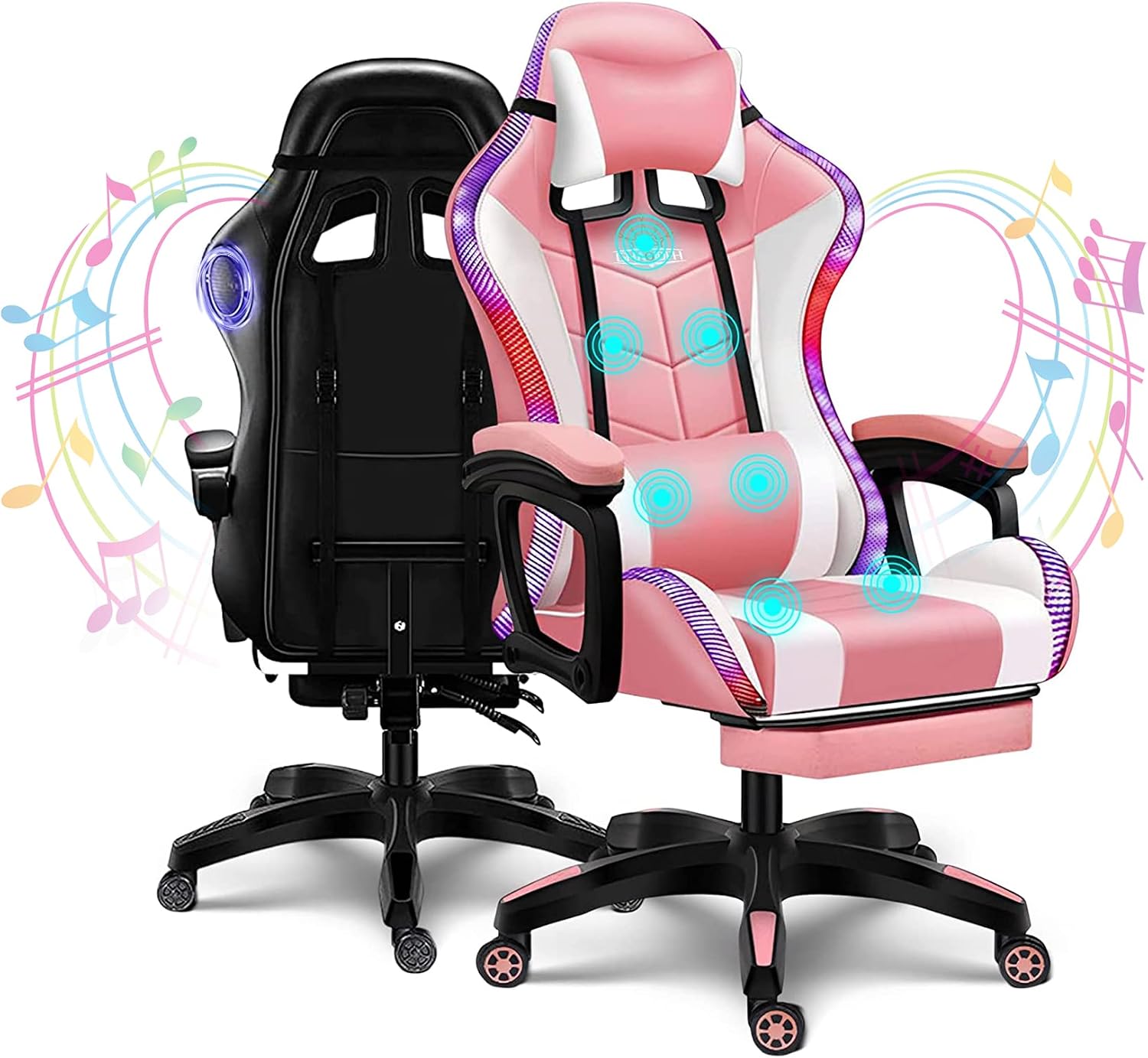 LED Gaming Chair Ergonomic Massage Racing Computer Chairs High Back Video Game Chairs with Speakers PU Leather with Footrest Headrest Lumbar Support Office Desk Chair for Adults Teens,Pink