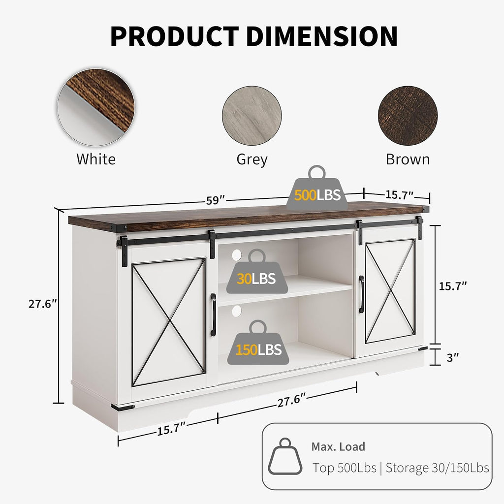IDEALHOUSE Farmhouse TV Stand and Entertainment Center for Tv up to 65 inches with Sliding Barn Doors, Tv Media Console Table with Storage Cabinet for Living Room, White & Brown