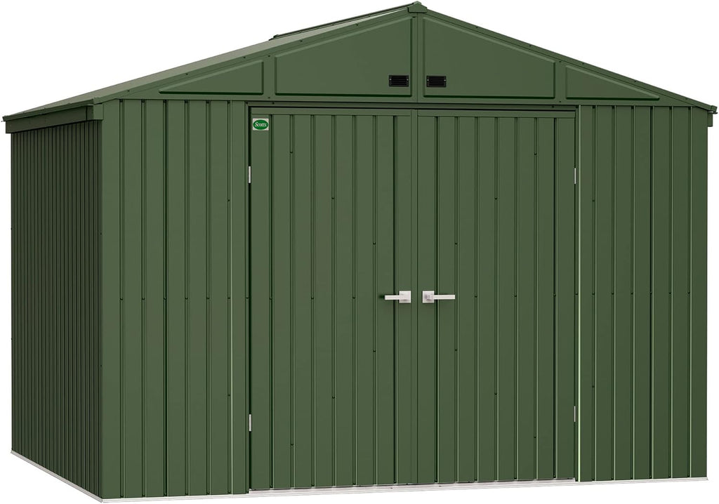 Scotts 10' x 8' Outdoor Lockable Water-Resistant Steel Storage Shed Building with Tool Hanger and Gable Roof, Green