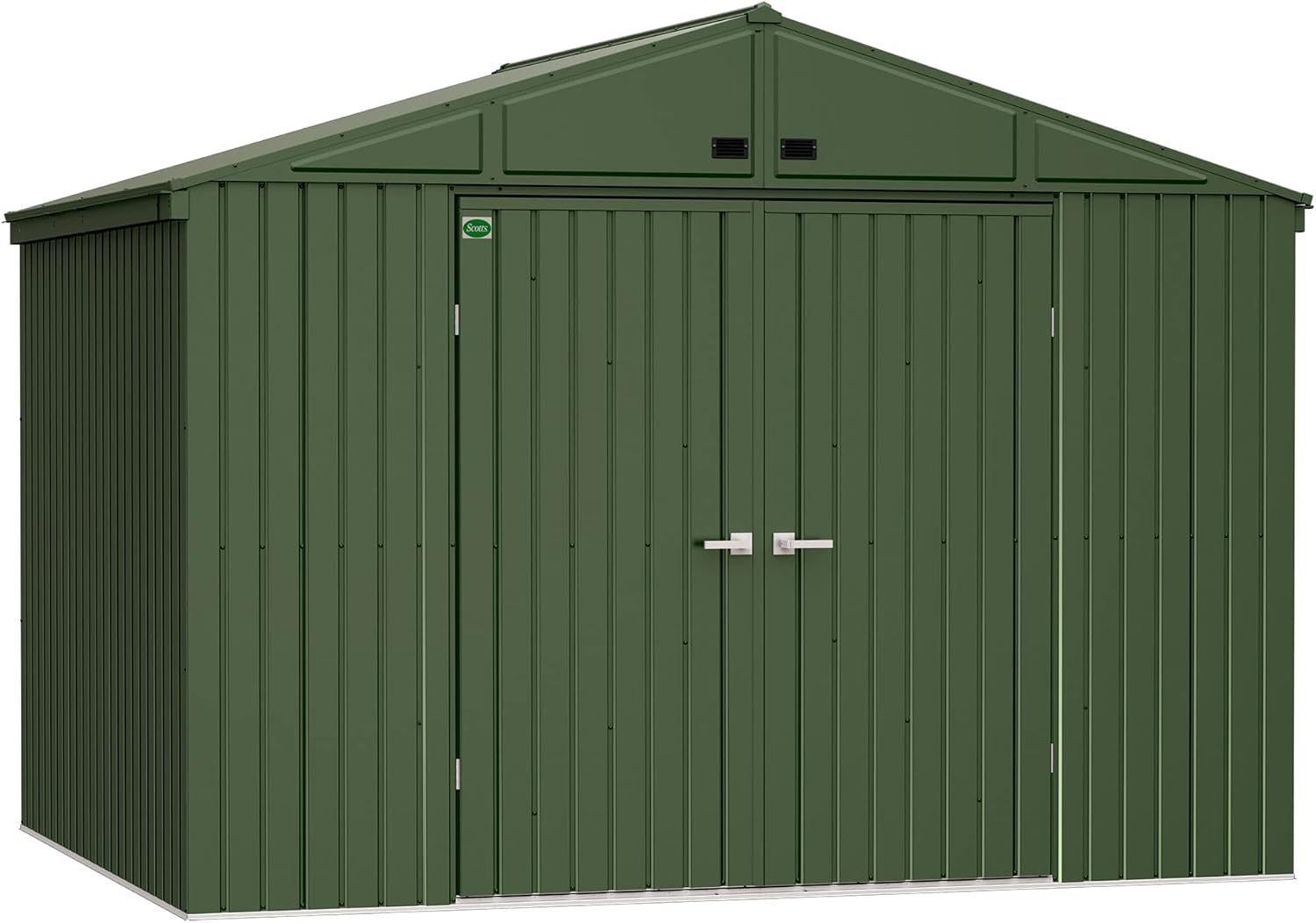 Scotts 10' x 8' Outdoor Lockable Water-Resistant Steel Storage Shed Building with Tool Hanger and Gable Roof, Green