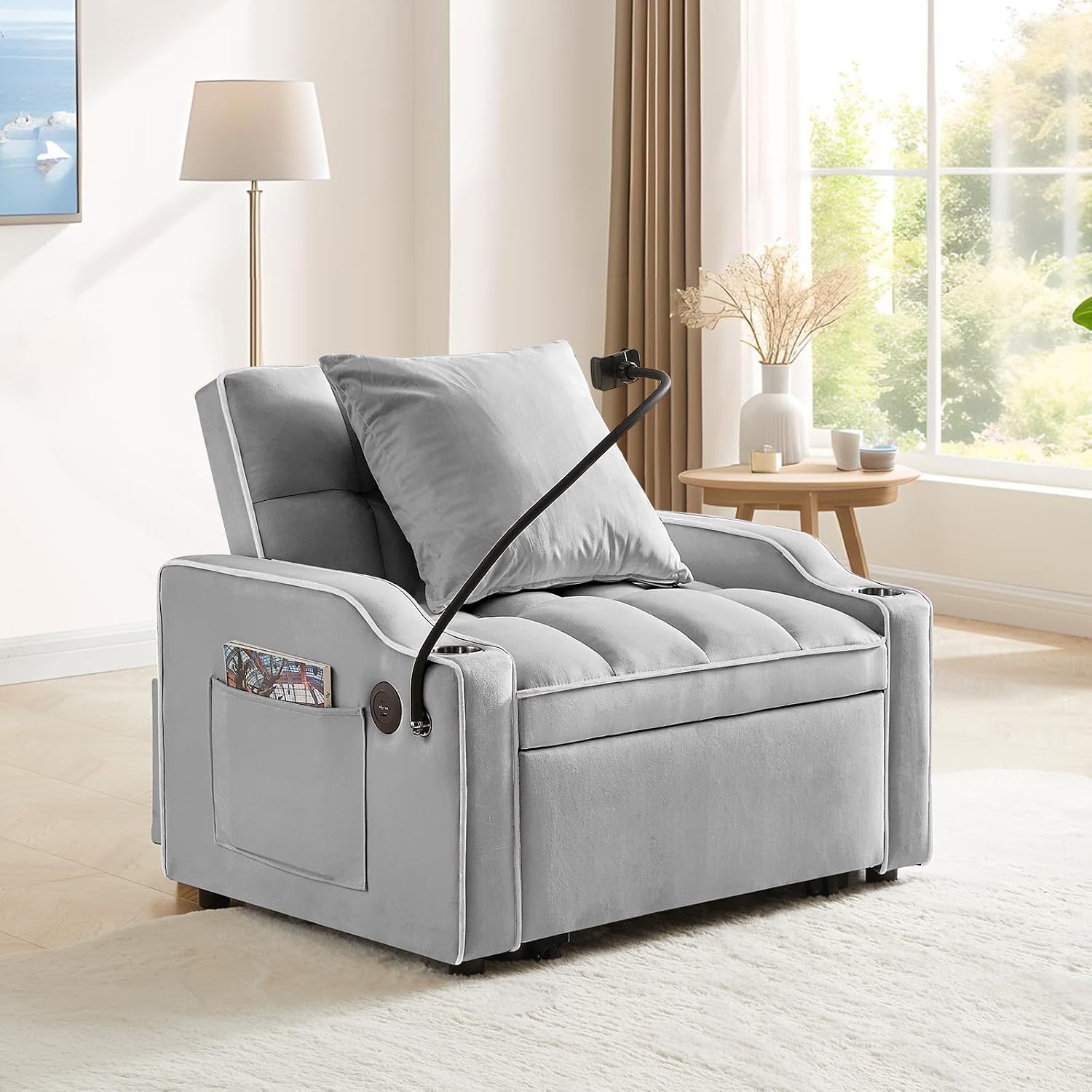 Convertible Sleeper Sofa Chair Bed, 3 in 1 Velvet Single Small Futon Sofa Bed with Phone Holder & USB Ports,Pull Out Couch Recliner with Adjustable Backrest for Living Room, Office, Small Place(Grey)
