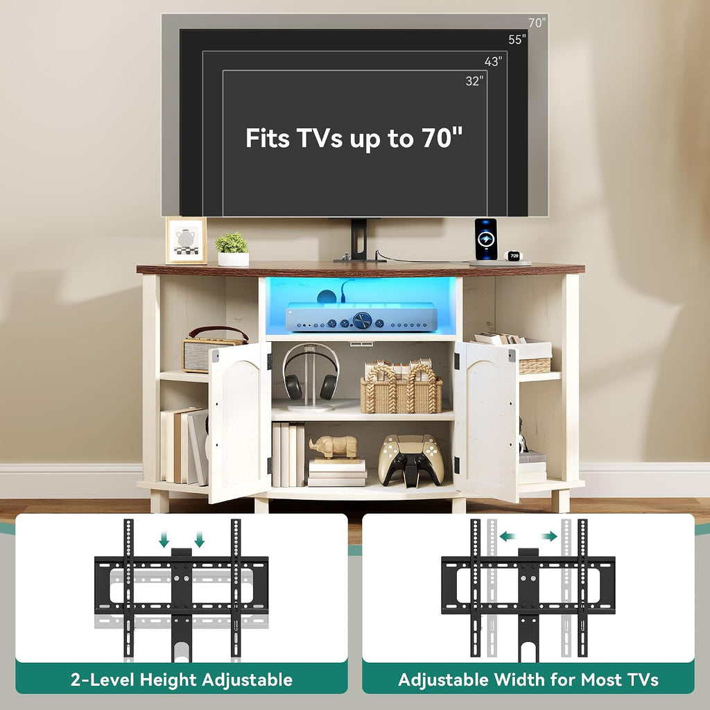 YITAHOME Corner TV Stand with Mount for Living Room, Led Entertainment Center with Storage & Power Outlets, Farmhouse TV Stand for 70 Inch TV, Walnut & Warm White