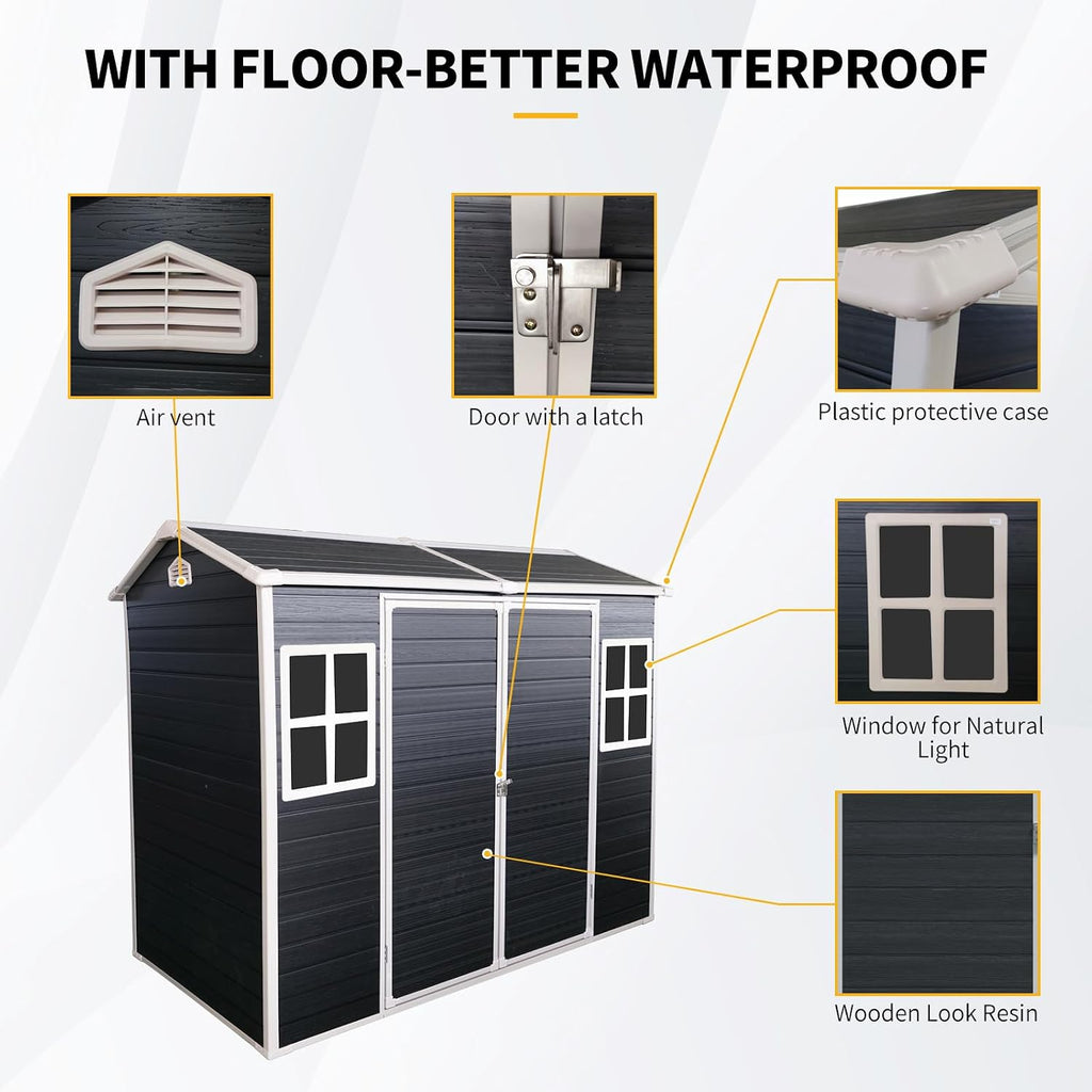 Extrastar 8x4FT Outdoor Storage Shed: Heavy-Duty Resin Shed with Double Doors, Built-in Floor, Windows & Air Weatherproof for Garden, Yard, Patio (Black, 8x4FT)
