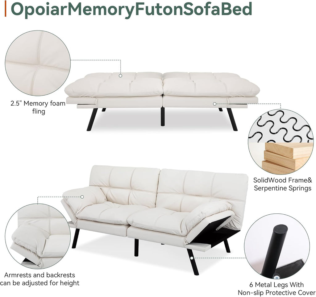 Opoiar 71' L Covertible Futon Sofa Bed,Faux Leather Futon Couch, Memory Foam Modern Loveseat Sleeper, Small Splitback Sofa Couches for Living Room,RV,Home Office,Apartment,White