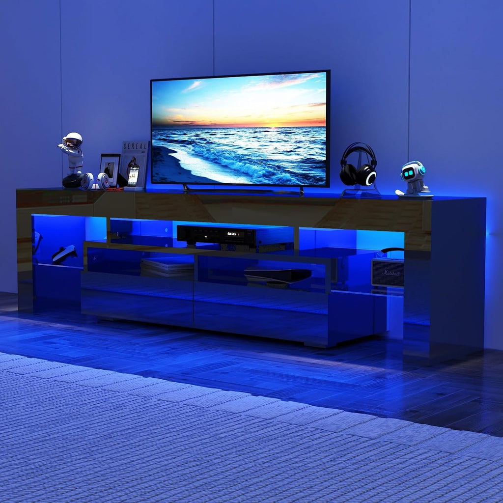 St.Mandyu 70IN LED TV Stand for 65/75/85 inch TV, High Glossy Modern Entertainment Center with Drawer and Led Lights, Television Table Media Console for Living Game Room Bedroom(Black)