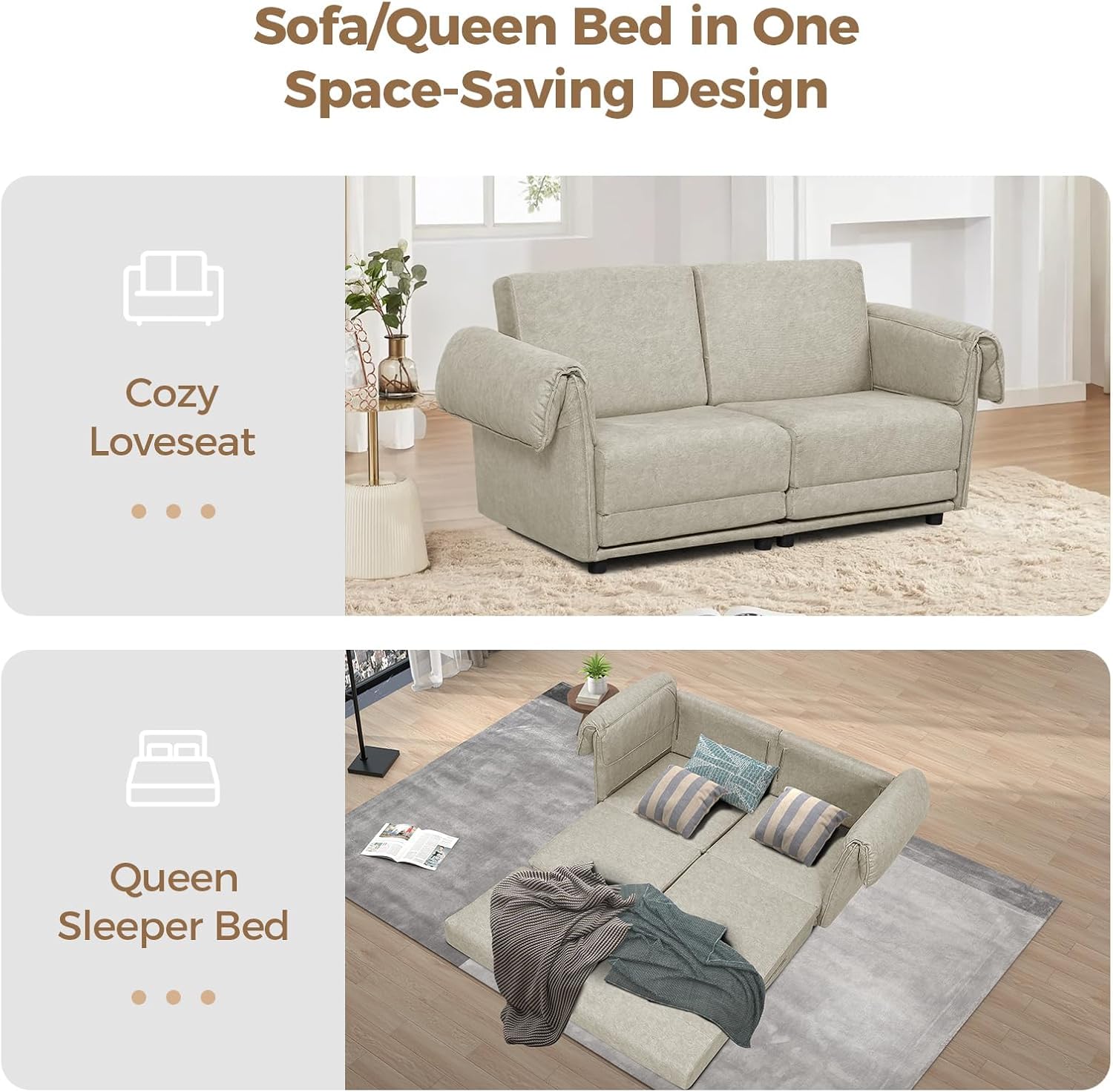 FHFO Loveseat Sleeper Sofa, Convertible Couch Bed Loveset Small Couchs for Small Spaces, 3 in 1 Pull Out Sofa Bed Modern 65' Comfy Futon Sofa Bed Queen for Living Room, Bedroom, Apartment (Beige)