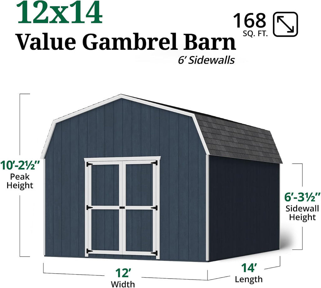 Little Cottage Co. 12x14 Value Gambrel Barn with 6 ft. Sidewalls with Floor, Outdoor Wood Storage Shed Do-It-Yourself Precut Kit