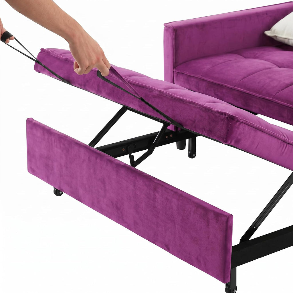 3 in 1 Convertible Sofa Bed, Loveseat Sleeper Sofa with Large Side Pockets, Pull Out Couch with Adjustable Backrest, Easy Assembly, Velvet Couch Bed for Small Spaces, Apartment, Deep Pink