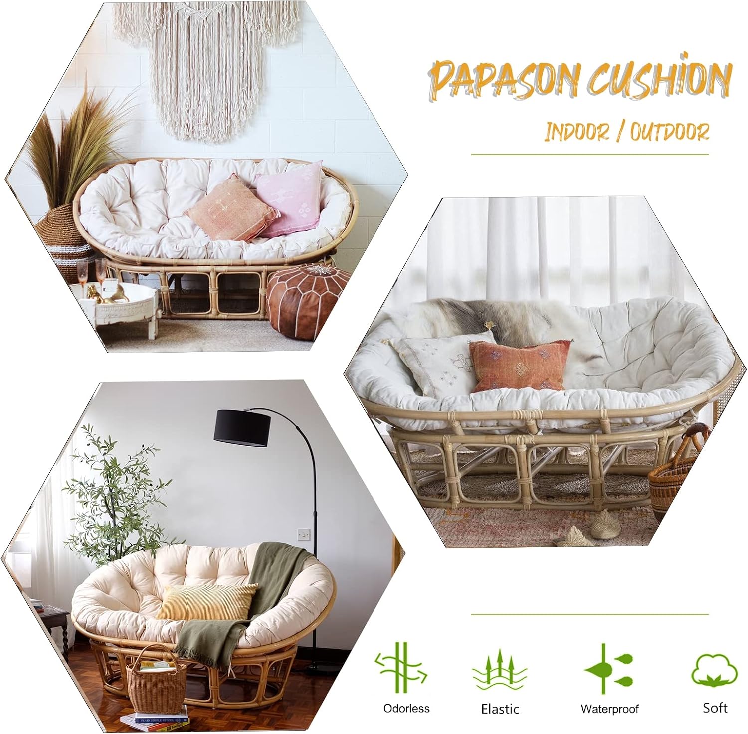 Large Double Papasan Chair Cushion, Outdoor Waterproof Hanging/Egg/Swing/Hammock Chair Cushions Thicken Comfortable Soft Garden Chair Pad Indoor Room Decoration,Waterproof White,67 * 47 in