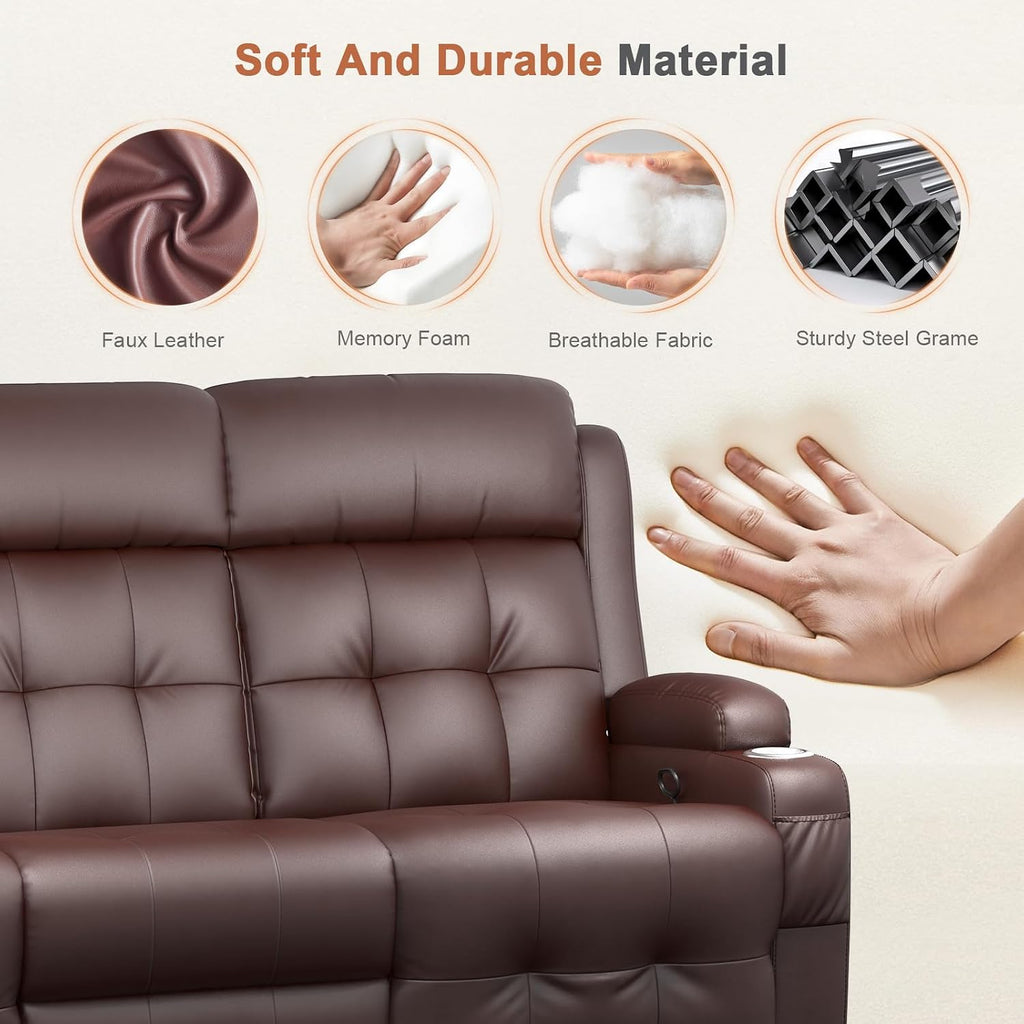 RV Loveseat Recliner Sofa, Built-in Power Strip, Massage Wall Hugger 3-Seater Recliners Couch, Flip Middle Backrest, Drawer & Cup Holder, Reclining Sleeper Sofa, 150° Recline for RV & Living Room