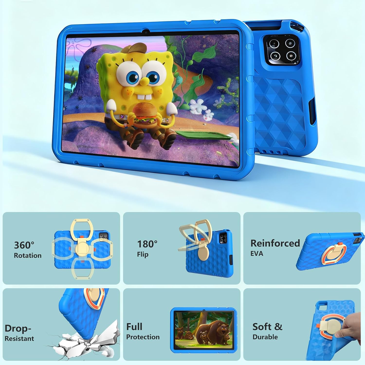 NRKDUBQ 2025 Latest 10.1 inch Kids Tablet Android 15 Tablets for Kids with EVA Protective Case 20GB RAM 128GB Storage Toddler Tablet, Parental Controls, 12-hr Battery, WiFi, GPS, Blue