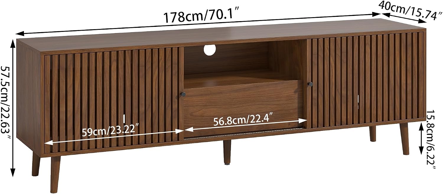 Oubayajia Mid Century Modern TV Stand for Televisions up to 70 Inches, with Sliding Doors and Storage, Television Stands, TV Consoles, Media Consoles for Living Room(Walnut-70inch)