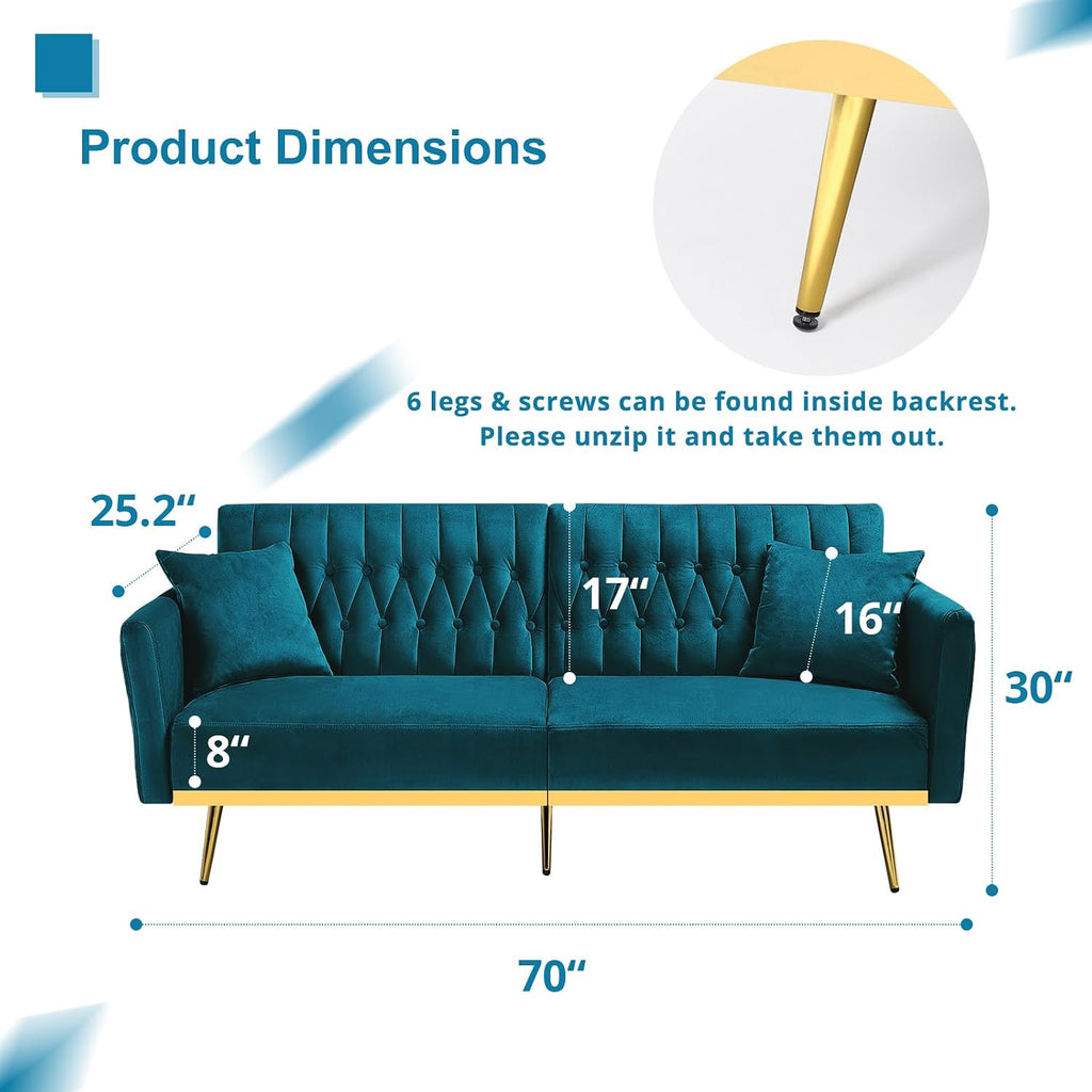 2 Pieces Velvet Sofa Set with Adjustable Armrest and Backrest, 70' Convertible Futon Sofa Bed & Mordern Accent Chair with Ottoman for Living Room, Bedroom, Teal