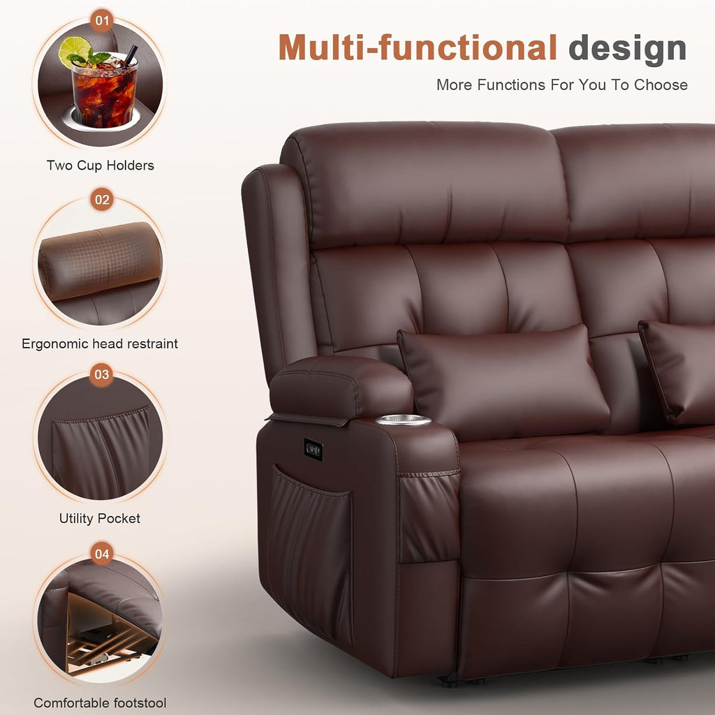 Power Loveseat Recliner Sofa with Graphene Heating & Massage, Zero Wall Hugger Home Theater Seating, RV Reclining Couch with LED Lights, USB & Type-C, Cup Holders, Hidden Storage Armrest & Pillows