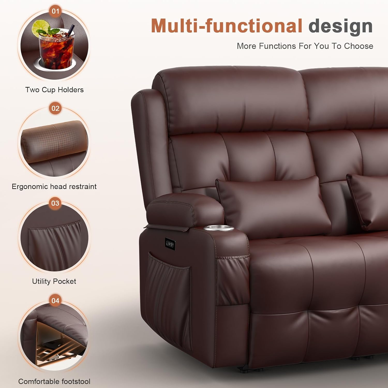 Power Loveseat Recliner Sofa with Graphene Heating & Massage, Zero Wall Hugger Home Theater Seating, RV Reclining Couch with LED Lights, USB & Type-C, Cup Holders, Hidden Storage Armrest & Pillows